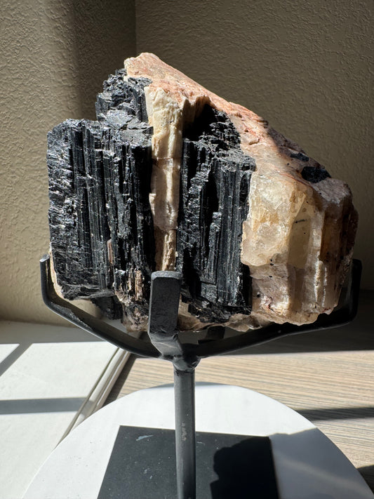 Large Tourmaline on Pink Quartz on Custom Stand