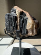 Large Tourmaline on Pink Quartz on Custom Stand