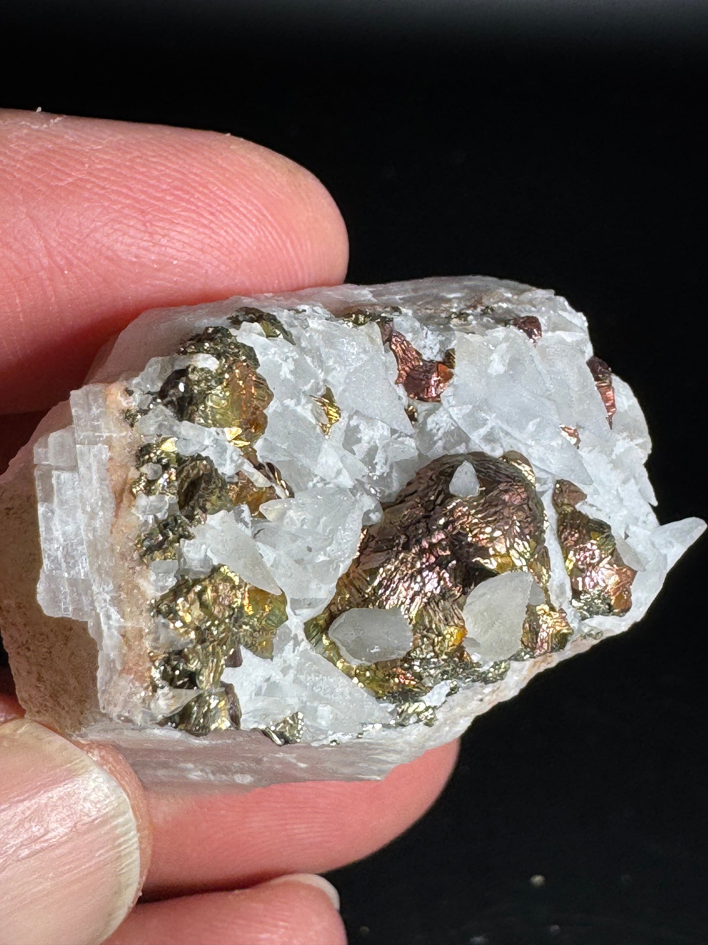 Iridescent Marcasite on Mangano Calcite Guerrero, Taxco Mex 67 Grams