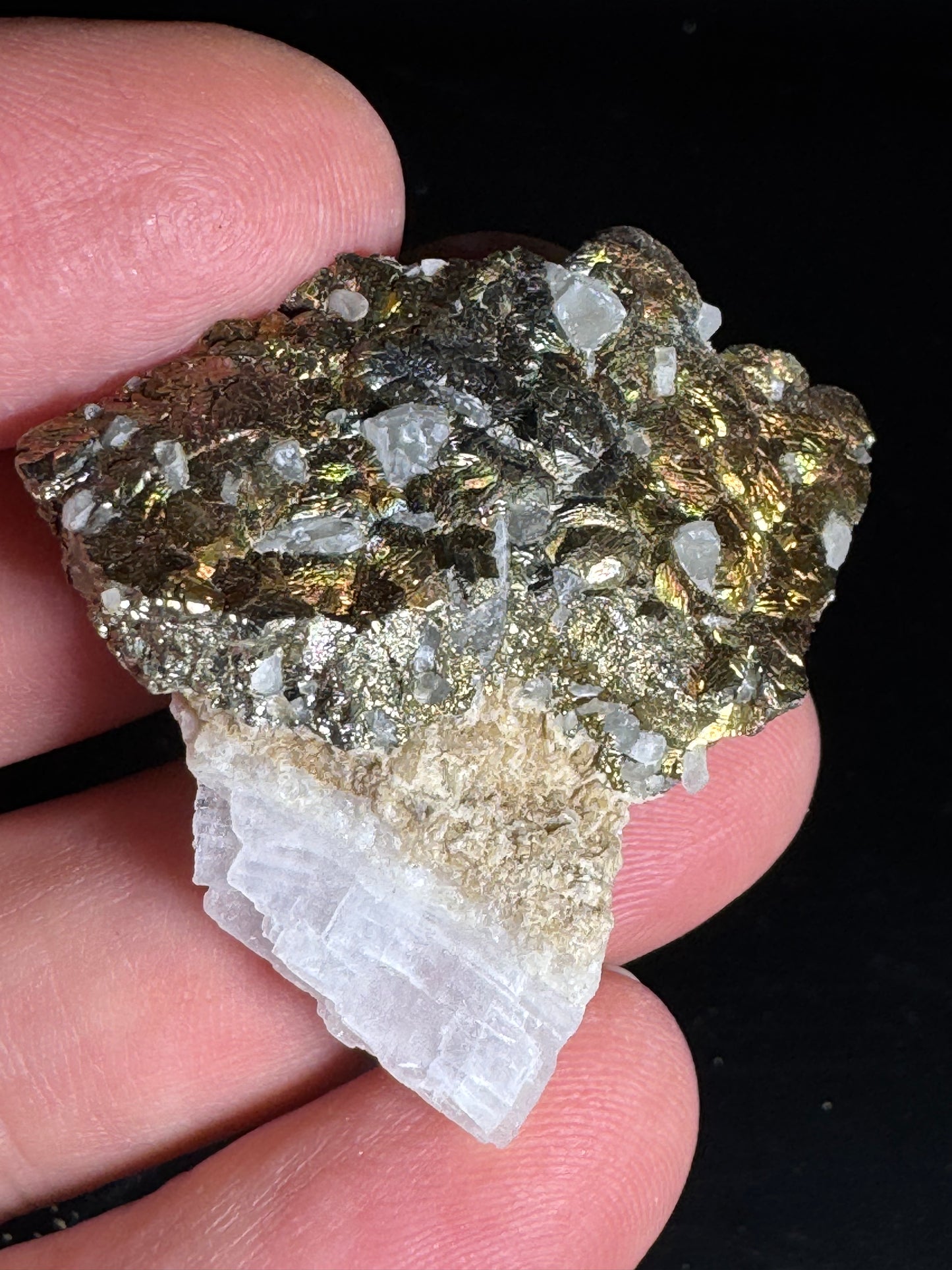 Iridescent Marcasite on Mangano Calcite Guerrero, Taxco Mex 28 Grams