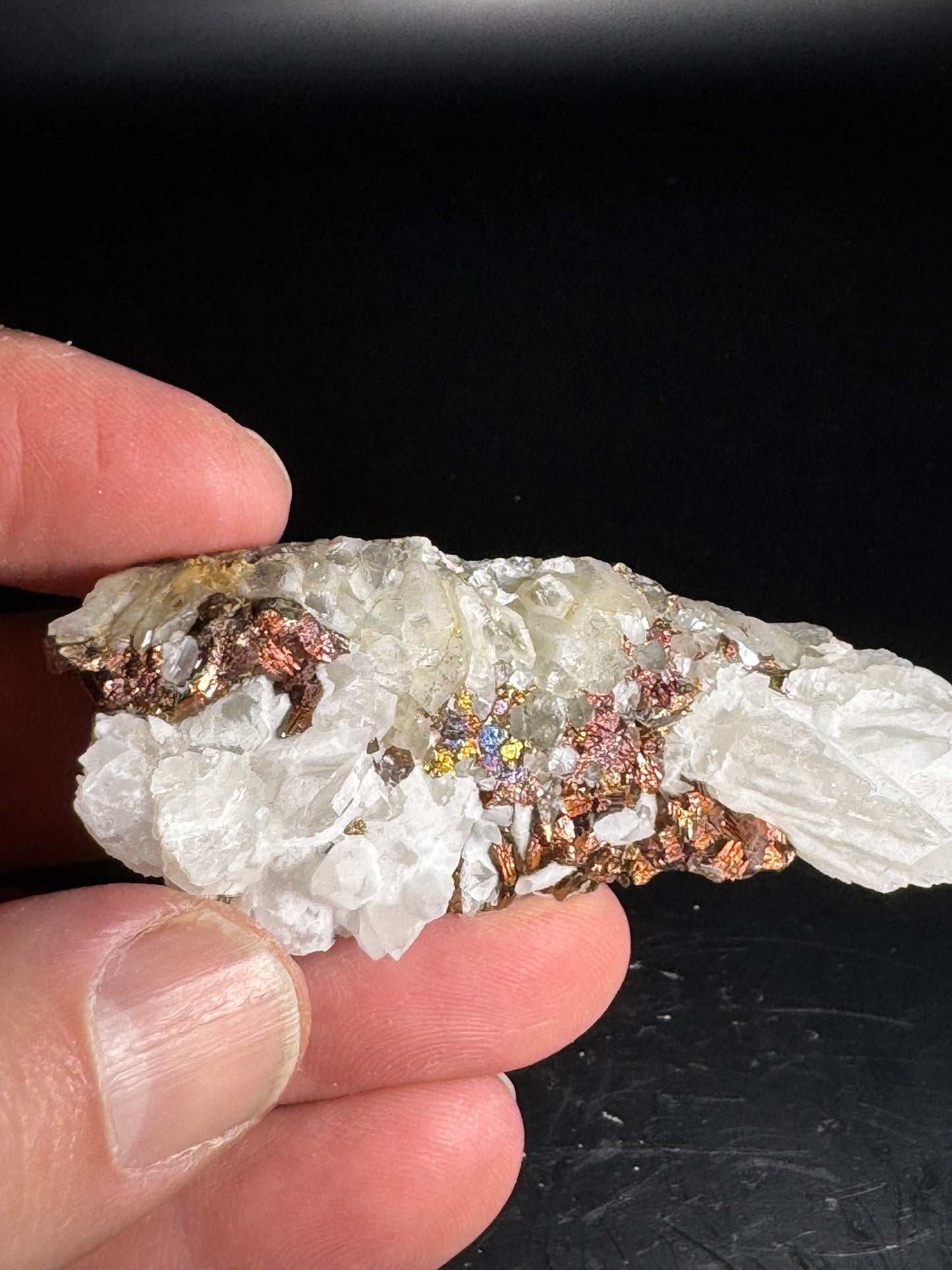 Iridescent Marcasite on Mangano Calcite Guerrero, Taxco Mex 48 Grams