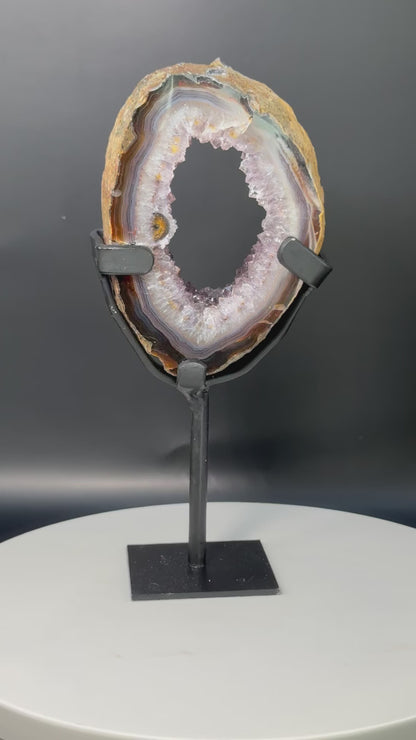 Small Amethyst Portal with Golden Rutile Inclusions and Agate Banding with Stand From Brazil