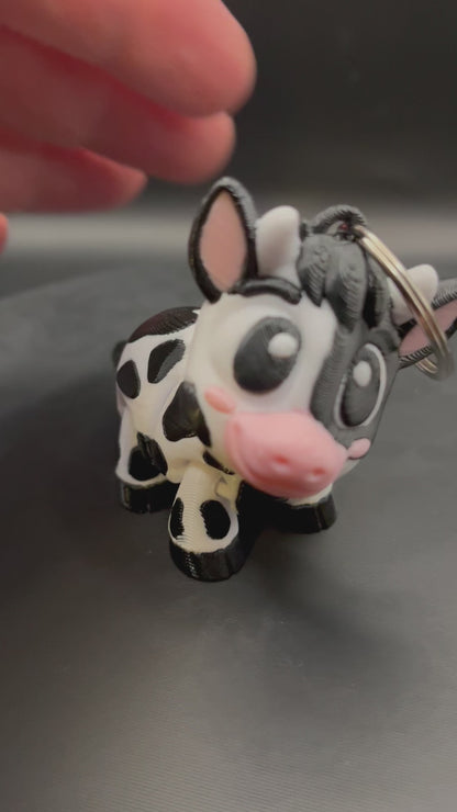 Flexi Cow Keychain - 3D Printed Articulated Moving Head, Cute Farm Animal Charm for Tote Bag, Bag Accessories