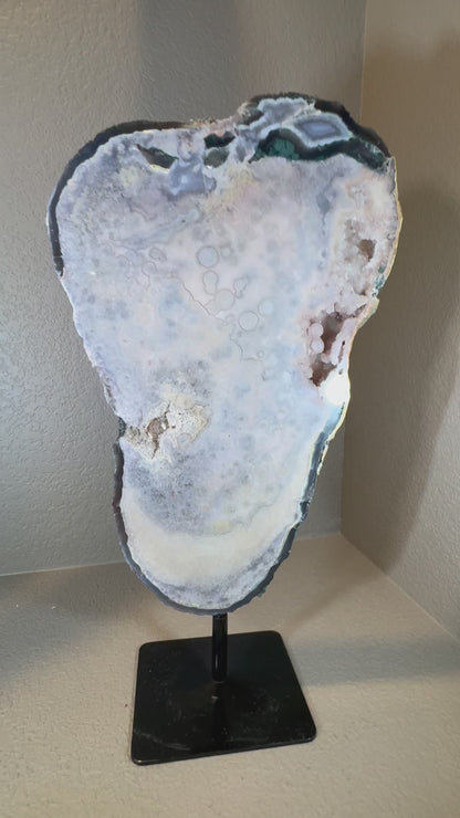 Huge Druzy Pink Amethyst with Blue Agate Slab on Rotating Stand.  Statement Piece!