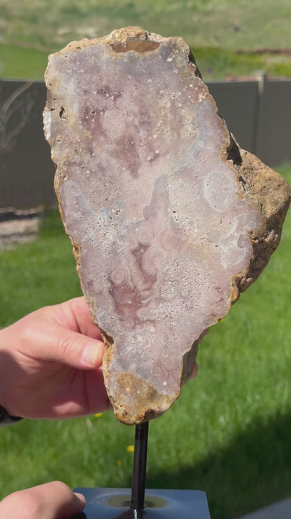 Pink Amethyst Slab with Agate on Stand from Brazil