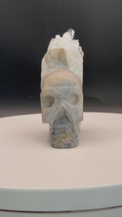 Hand Carved Skull with Quartz Crystals