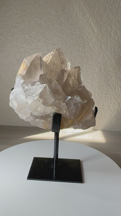 Clear Quartz Cluster with Golden Rutiles on Custom Stand from Brazil